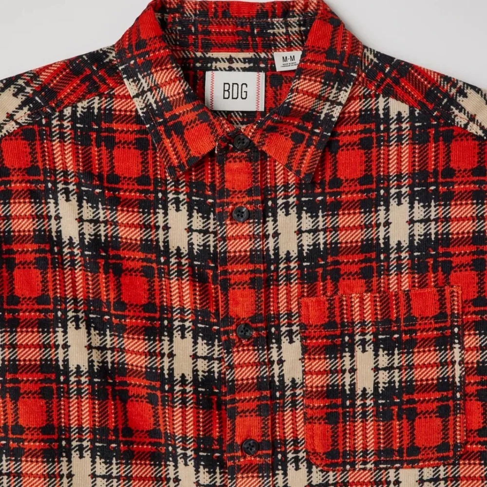 Urban Outfitters BDG Evan Red Black Plaid Corduroy Shirt 100% Cotton Lar…